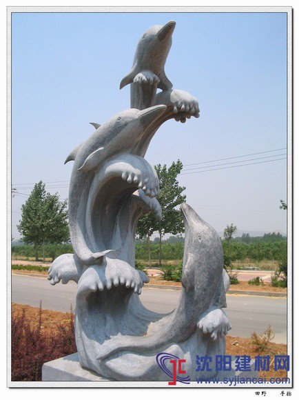 石雕海豚，石雕魚，手工雕刻鯉魚戲水