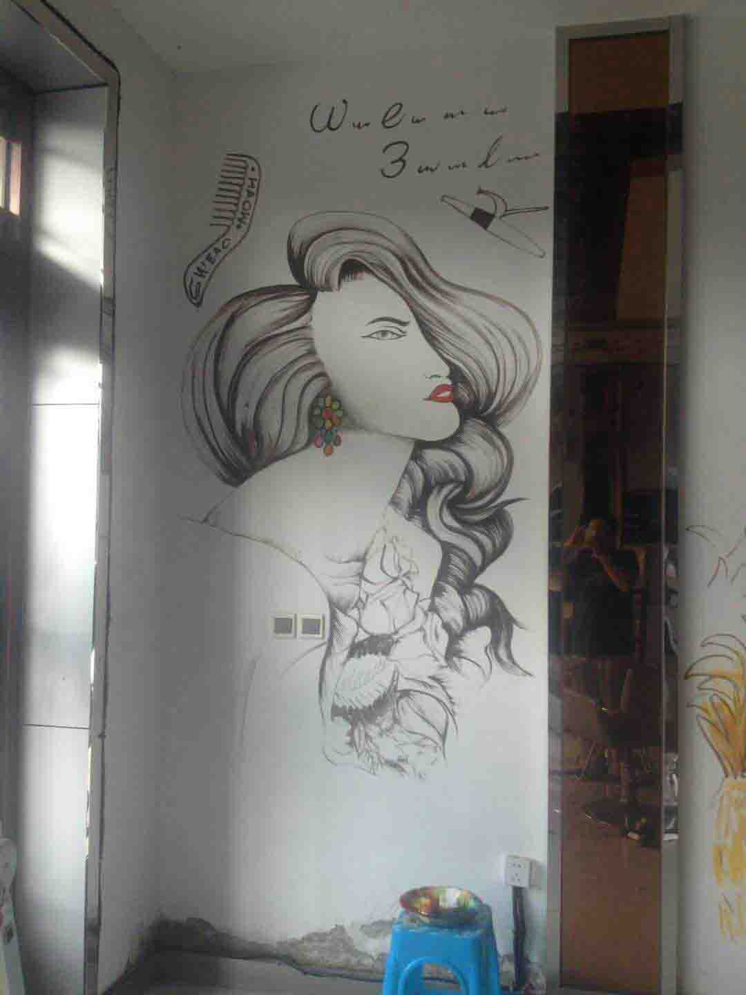 美發理發背景墻彩繪